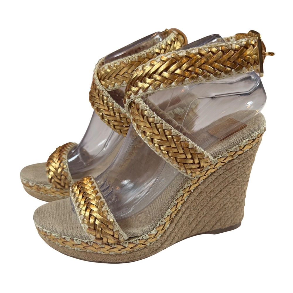 Tory Burch Lilah Braided Strap Platform Wedge Espadrille Gold Leather Sz 39.5